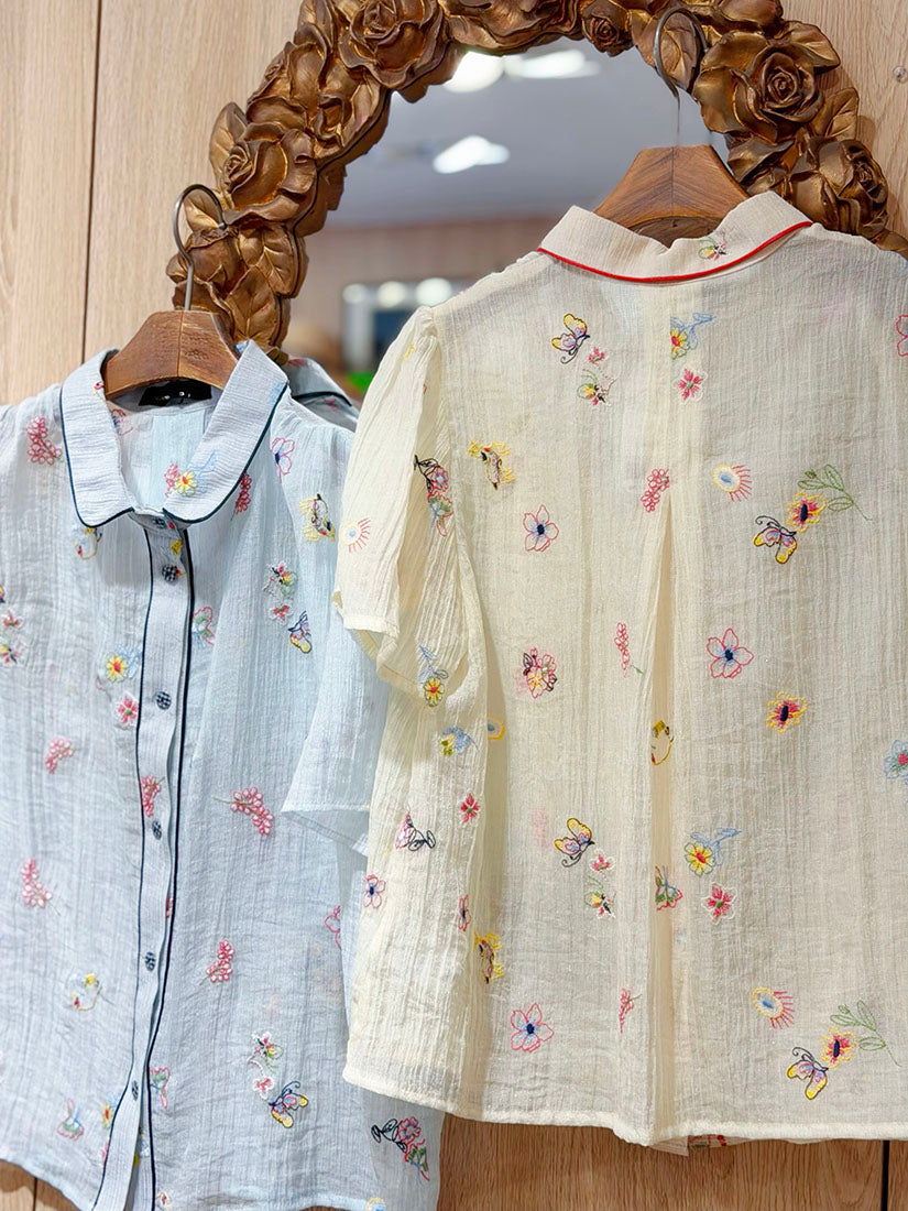 Floral Embroidered Contrast Piping Blouse(2 Colours)