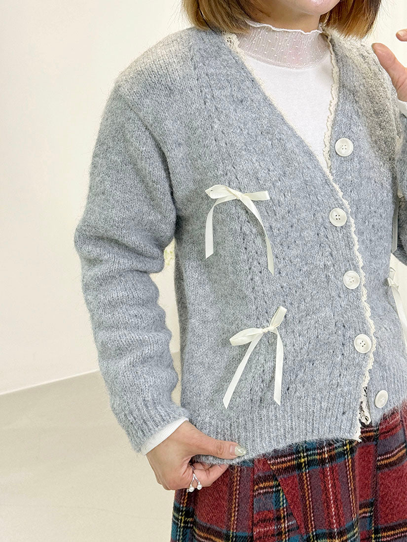 Lace Trim Ribbon Bow Cardigan (2 Colours)