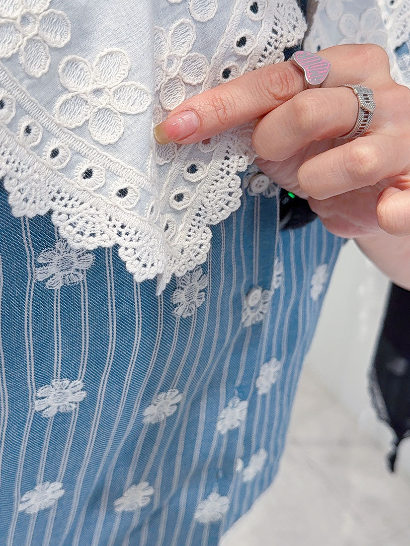 Platter Collar Floral Embroidered Striped Blouse