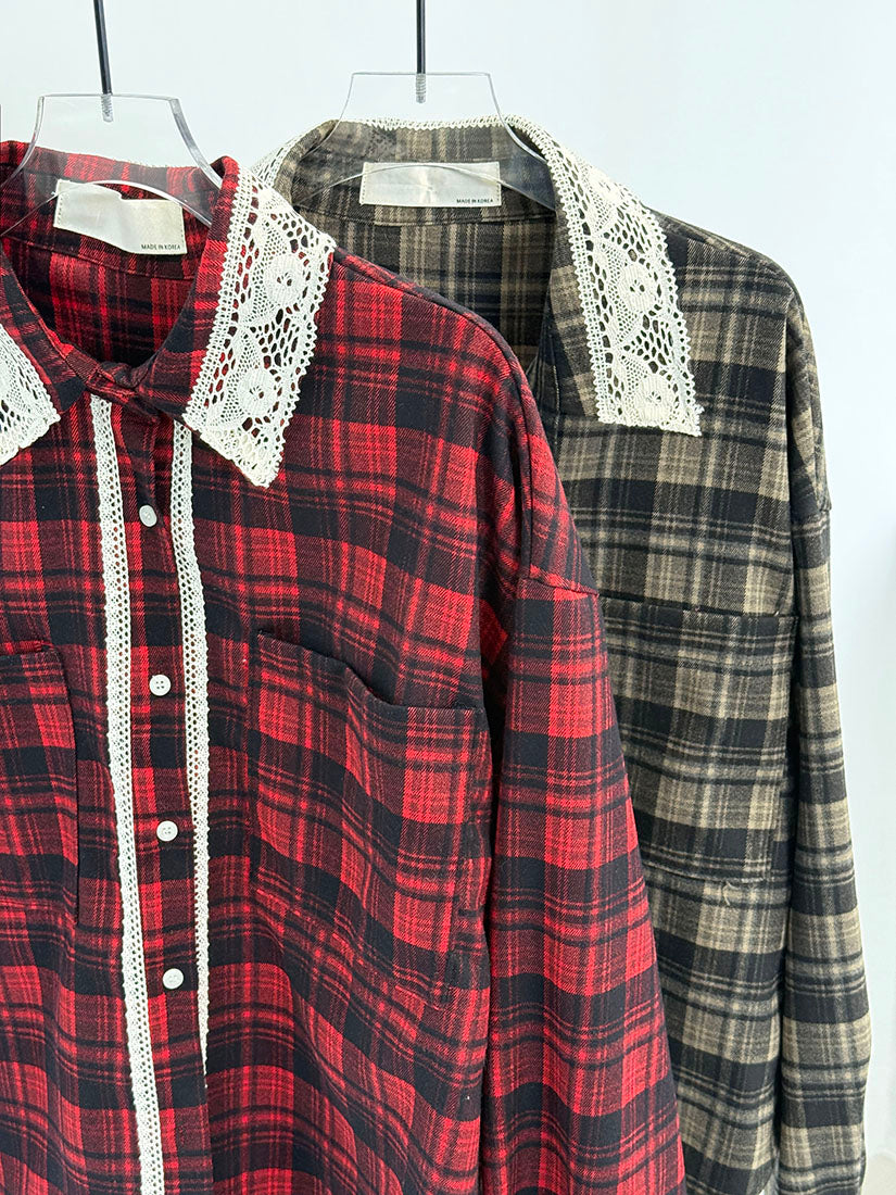 Lace Trim Black Watch Plaid Shirt (2 Colours)