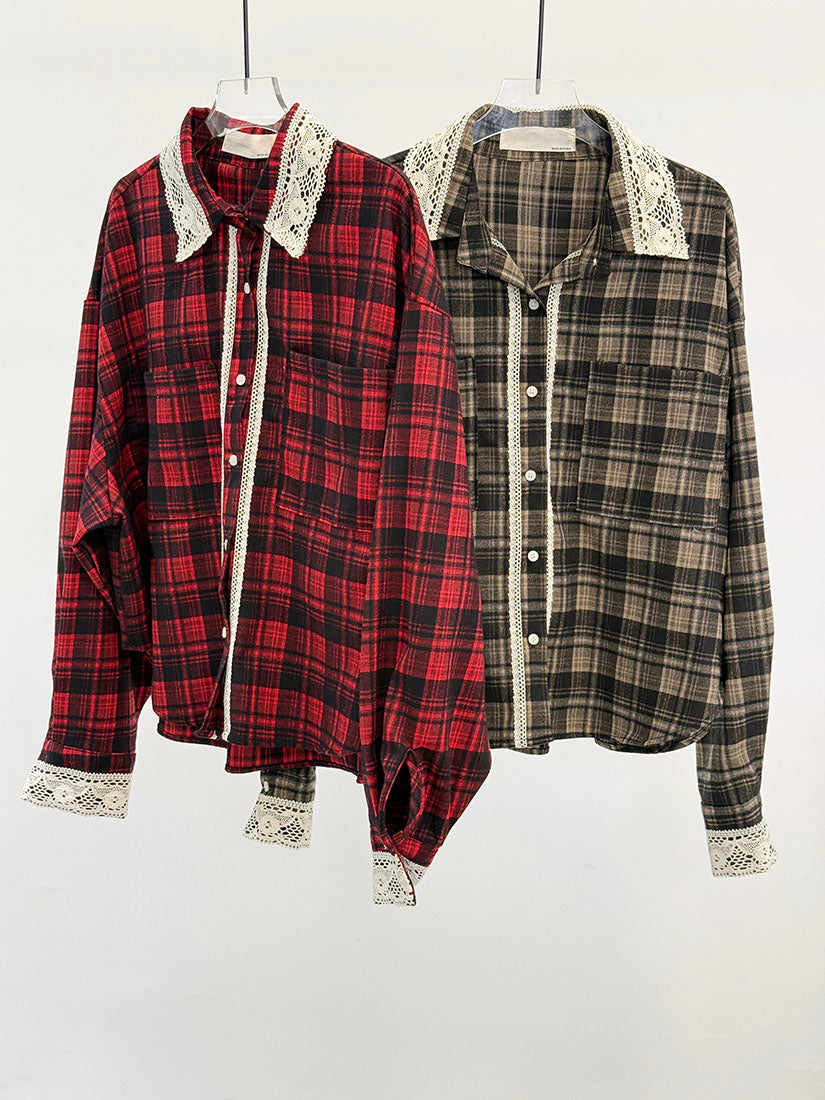 Lace Trim Black Watch Plaid Shirt (2 Colours)