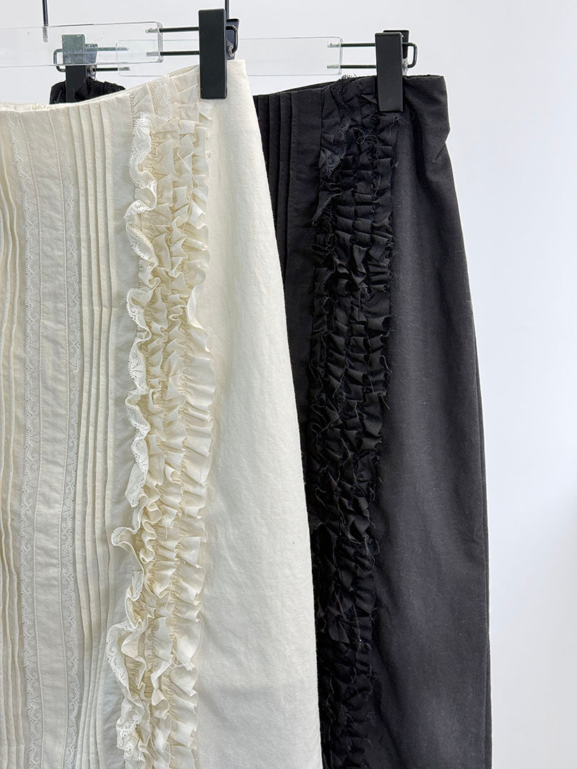 Lace Trim Ruffle Pin-Tuck Front Skirt (2 Colours)