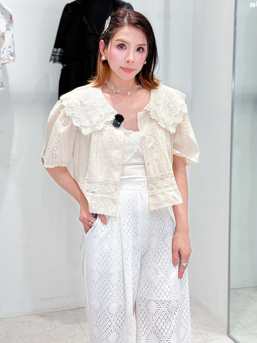 Platter Collar Floral Embroidered Perforated Blouse