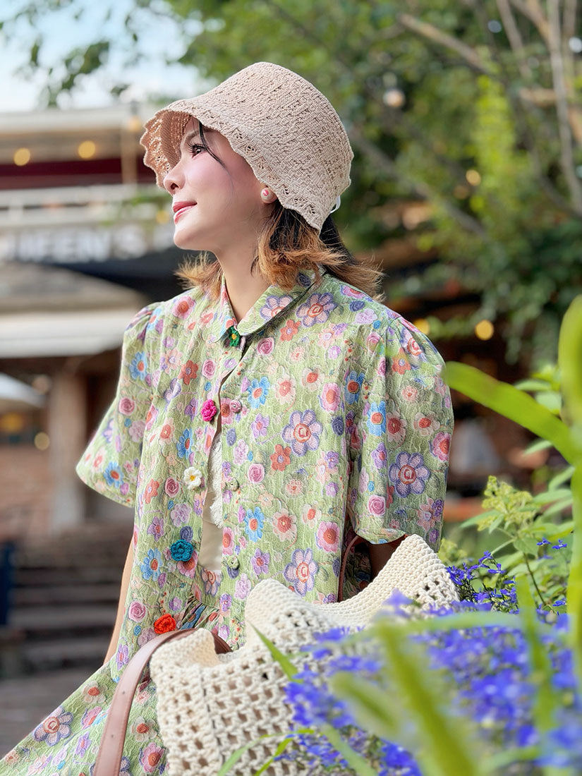 Crochet Floral Printed Blouse(3 Colours)