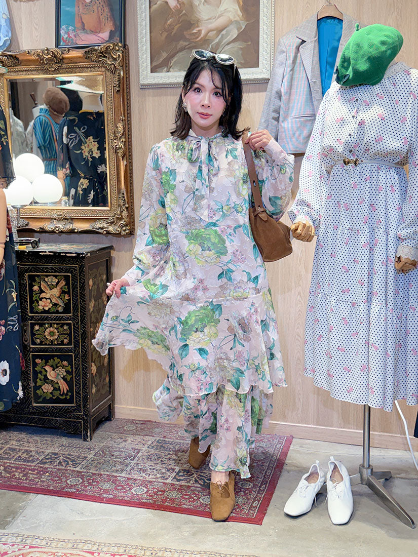 Layered Ruffle Hem Texture Floral Printed Dress