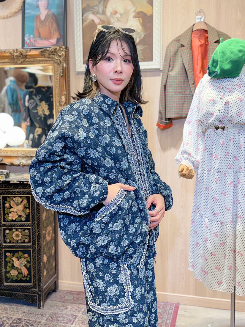 Navy Floral With Ruffle Lace Shirt Jacket