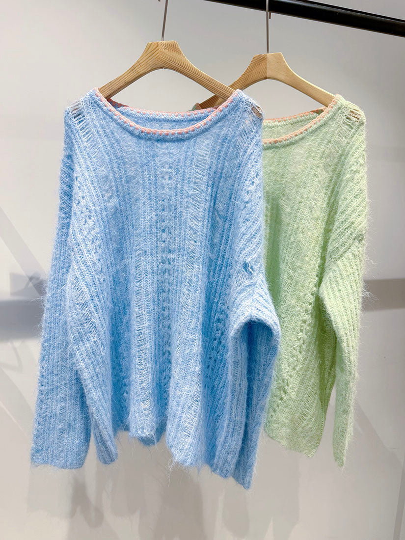 Embroidered Neck Pointelle Rib Sweater (2 Colours)