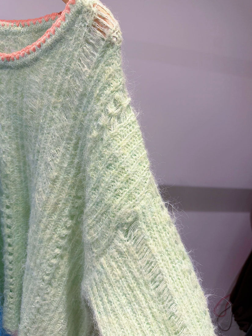 Embroidered Neck Pointelle Rib Sweater (2 Colours)
