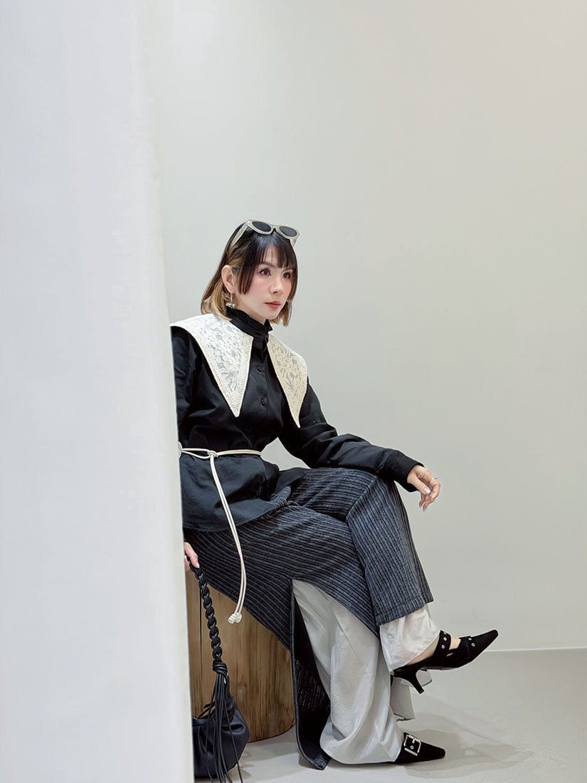 Layered Hem Knitted Pants With Leather Braid String (4 Colours)