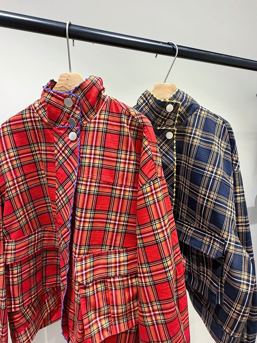 Embroidered Trim Plaid Turtle Neck Cargo Jacket (2 Colours)