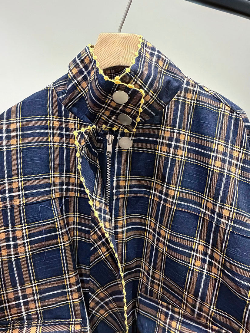 Embroidered Trim Plaid Turtle Neck Cargo Jacket (2 Colours)