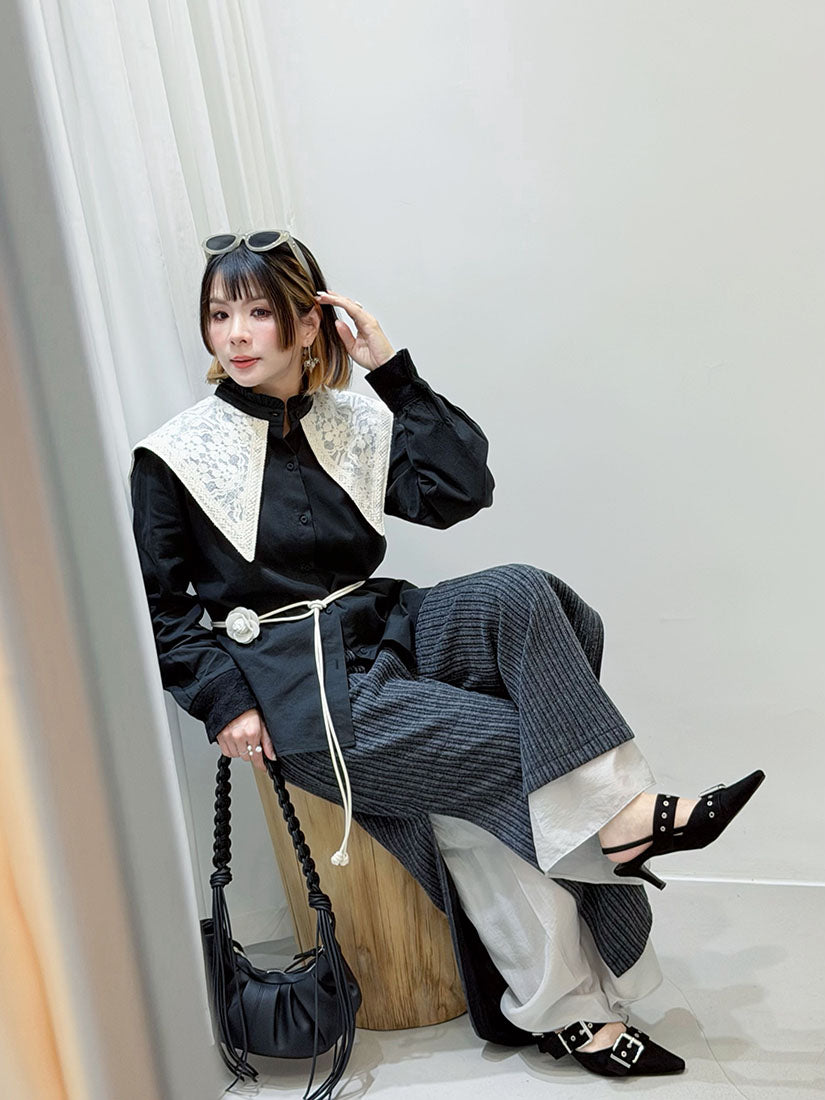 Layered Hem Knitted Pants With Leather Braid String (4 Colours)