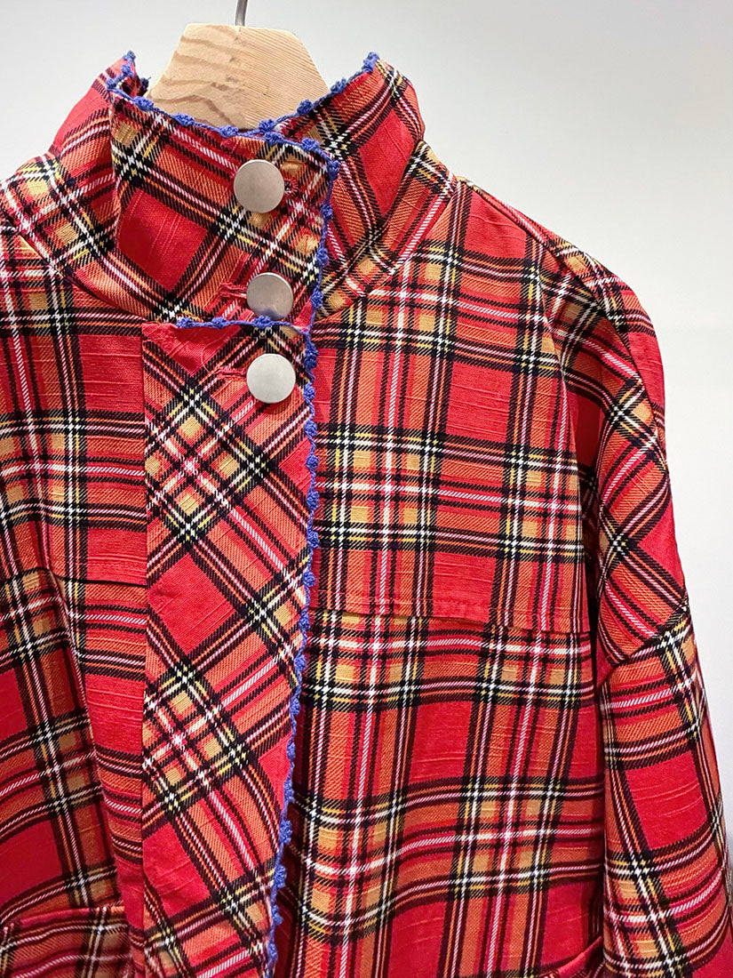 Embroidered Trim Plaid Turtle Neck Cargo Jacket (2 Colours)