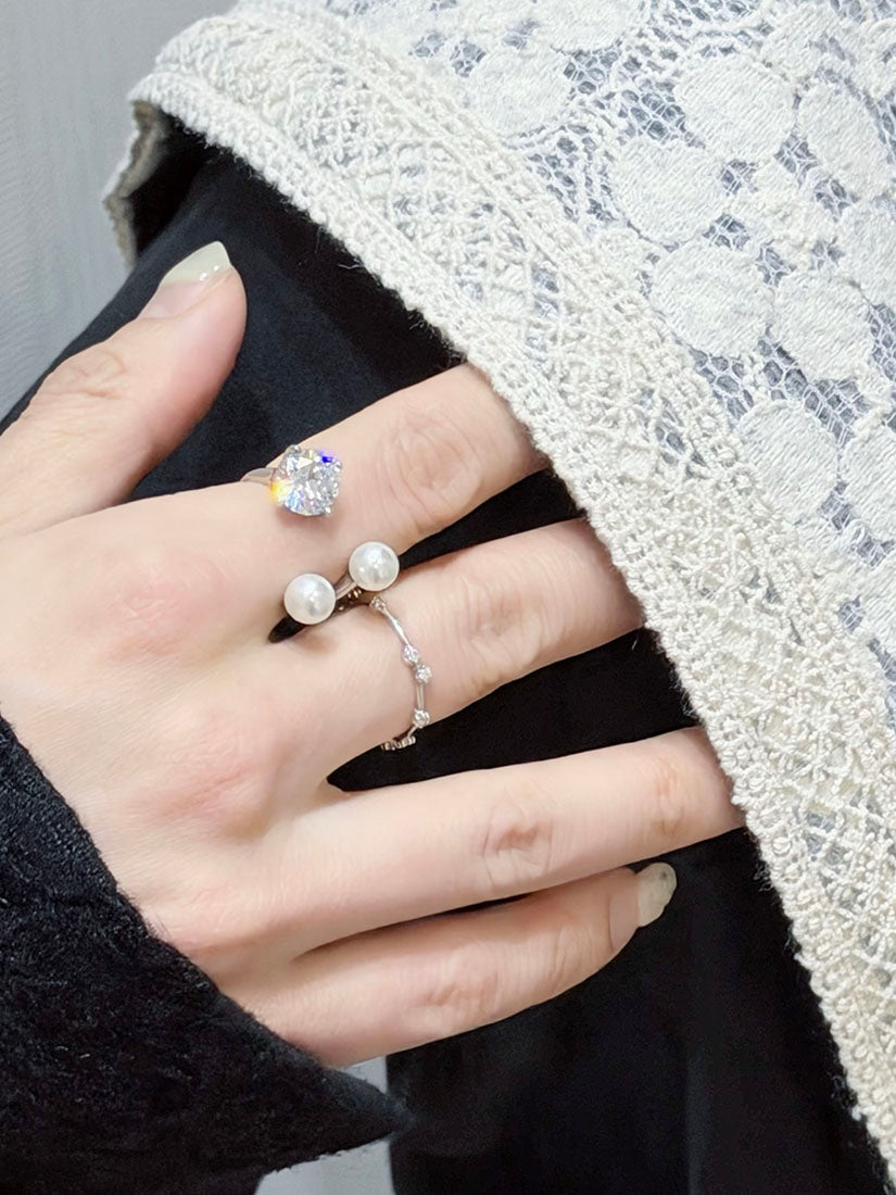 Crystal With Pearls Silver Ring