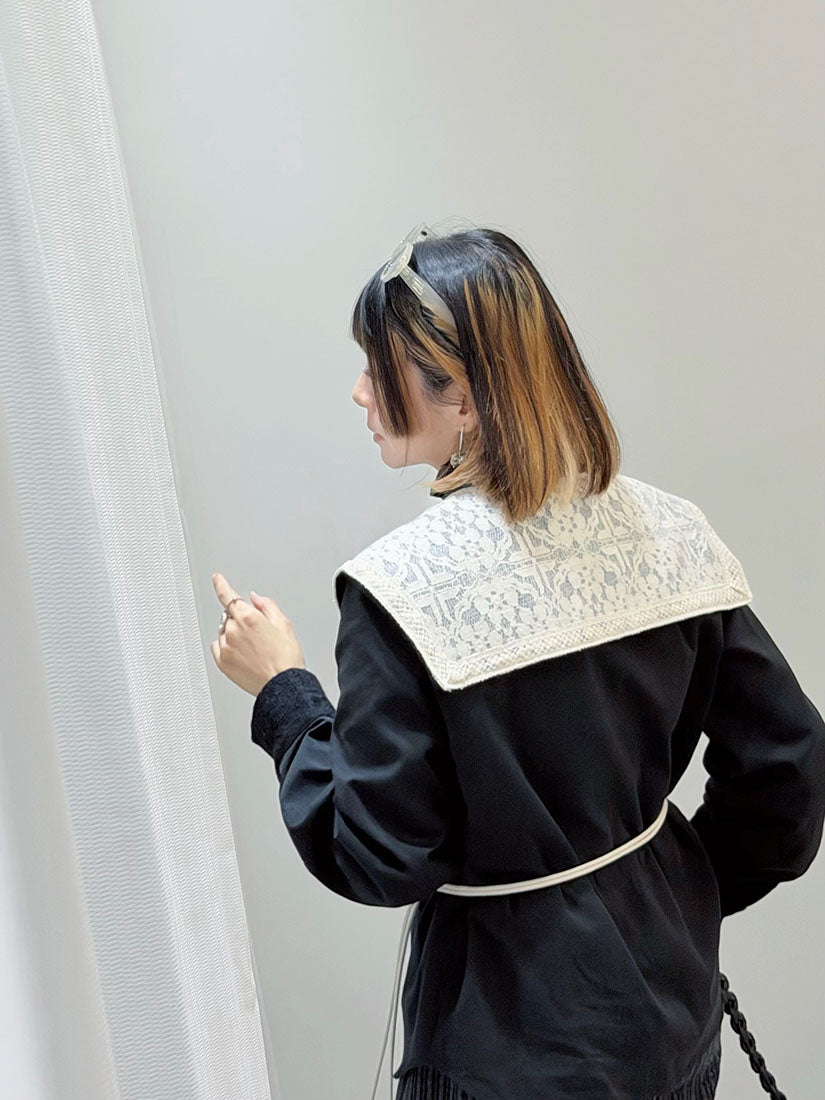 Ruffle Stand Collar With Lace Sailor Flap Shirt (2 Colours)