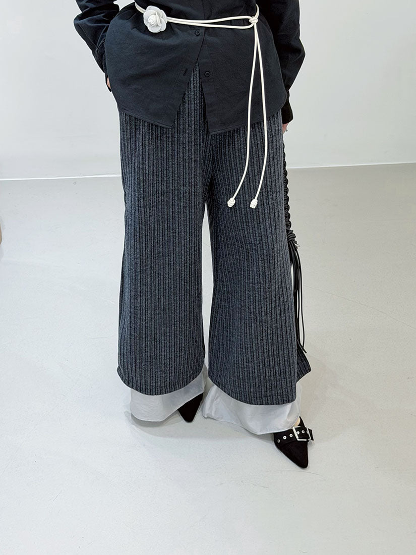 Layered Hem Knitted Pants With Leather Braid String (4 Colours)
