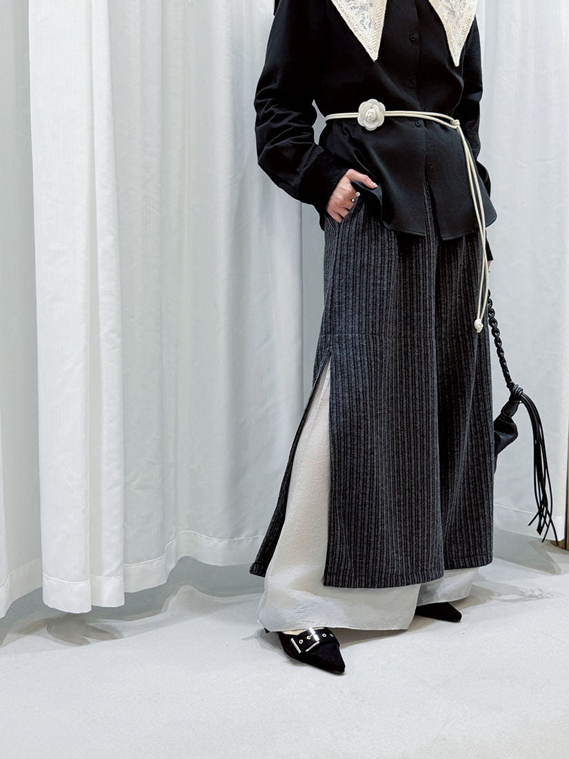 Layered Hem Knitted Pants With Leather Braid String (4 Colours)