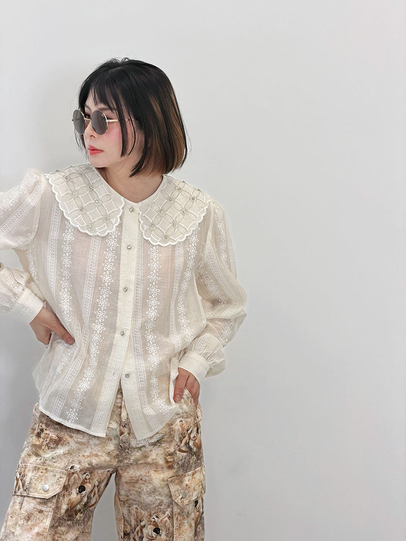 Rhinestone Embellished Collar Blouse