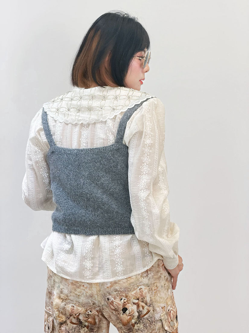 Rhinestone Embellished Collar Blouse