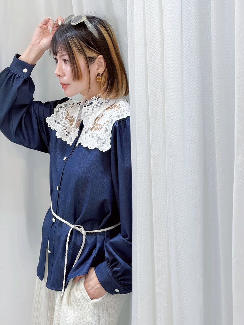 Lace Collar Yoke Denim Look Shirt