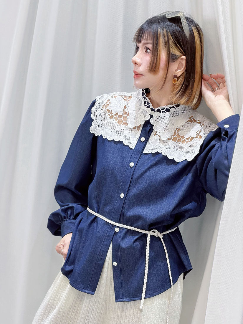 Lace Collar Yoke Denim Look Shirt
