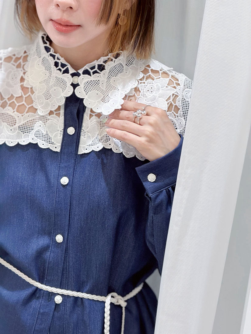 Lace Collar Yoke Denim Look Shirt (2 Colours)