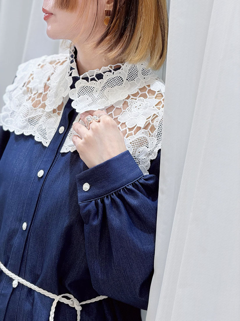 Lace Collar Yoke Denim Look Shirt