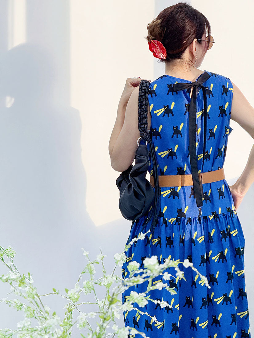 Tie Back Cat Printed Sleeveless Dress