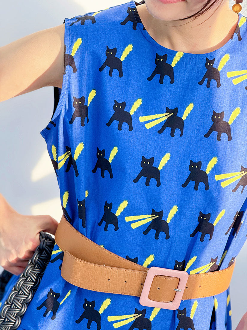 Tie Back Cat Printed Sleeveless Dress