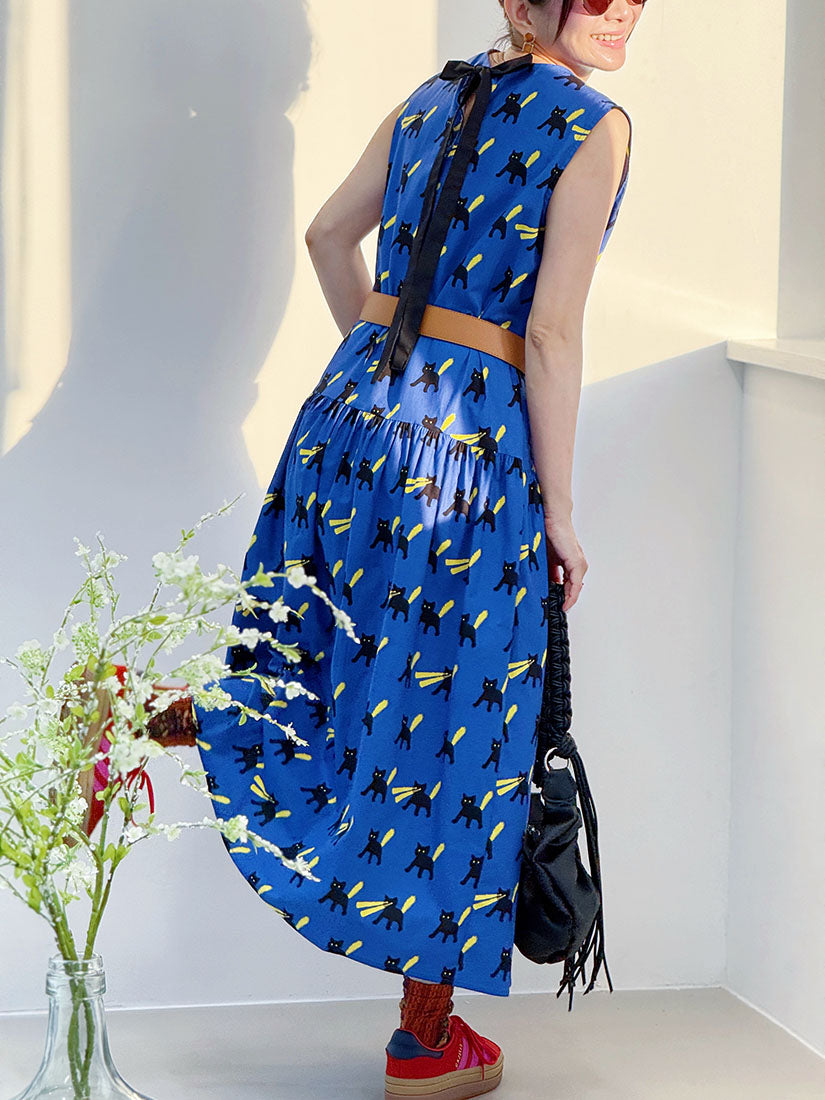 Tie Back Cat Printed Sleeveless Dress