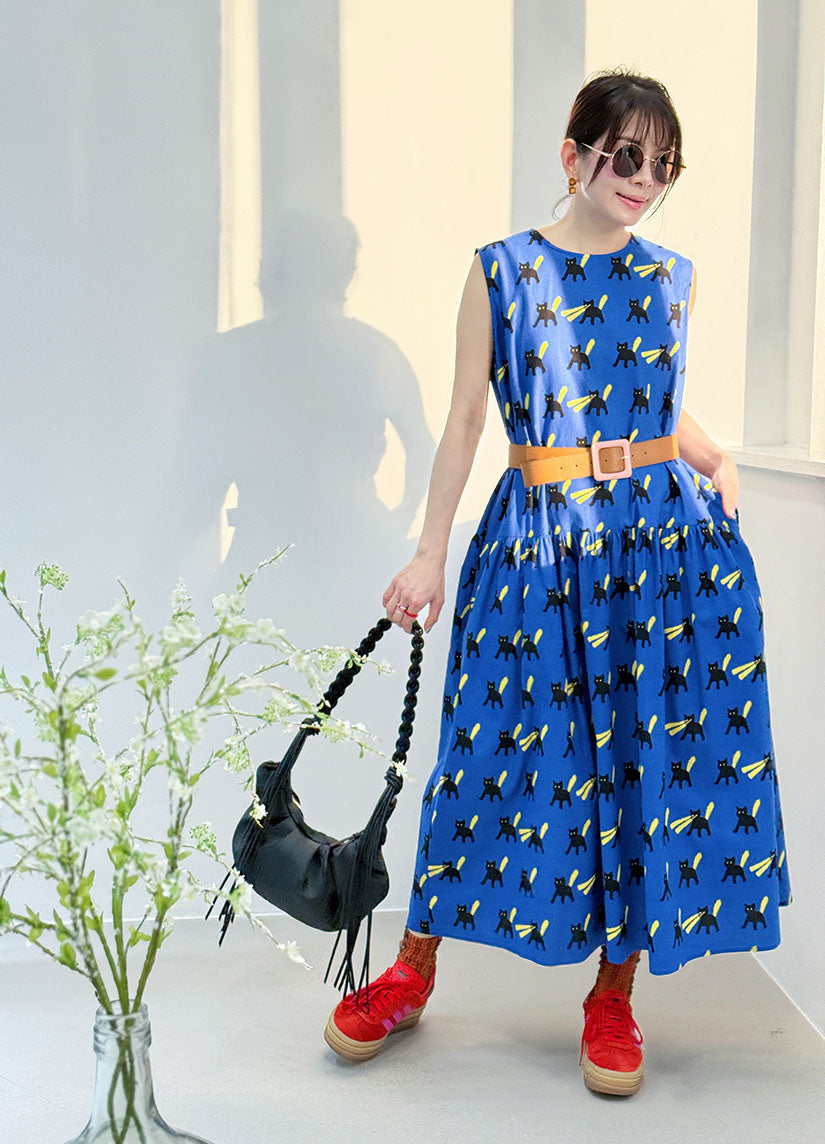 Tie Back Cat Printed Sleeveless Dress