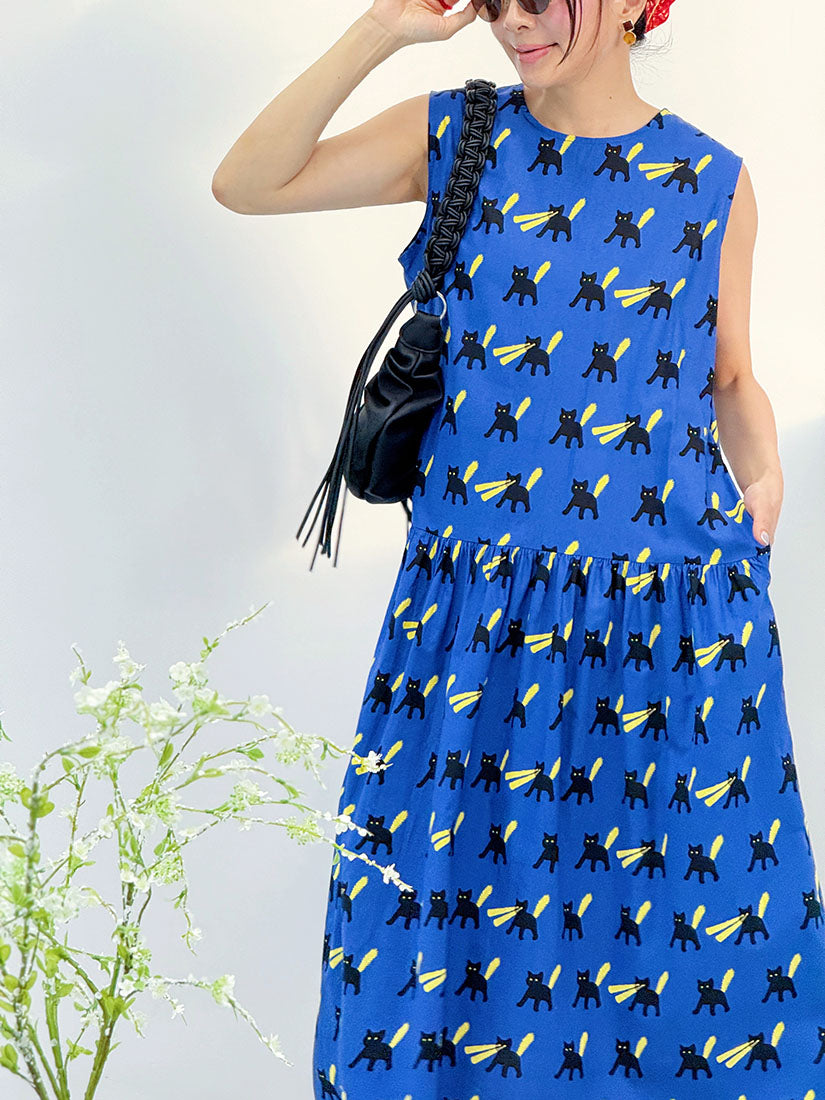 Tie Back Cat Printed Sleeveless Dress
