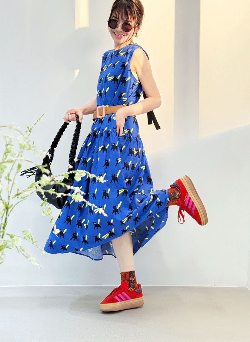 Tie Back Cat Printed Sleeveless Dress