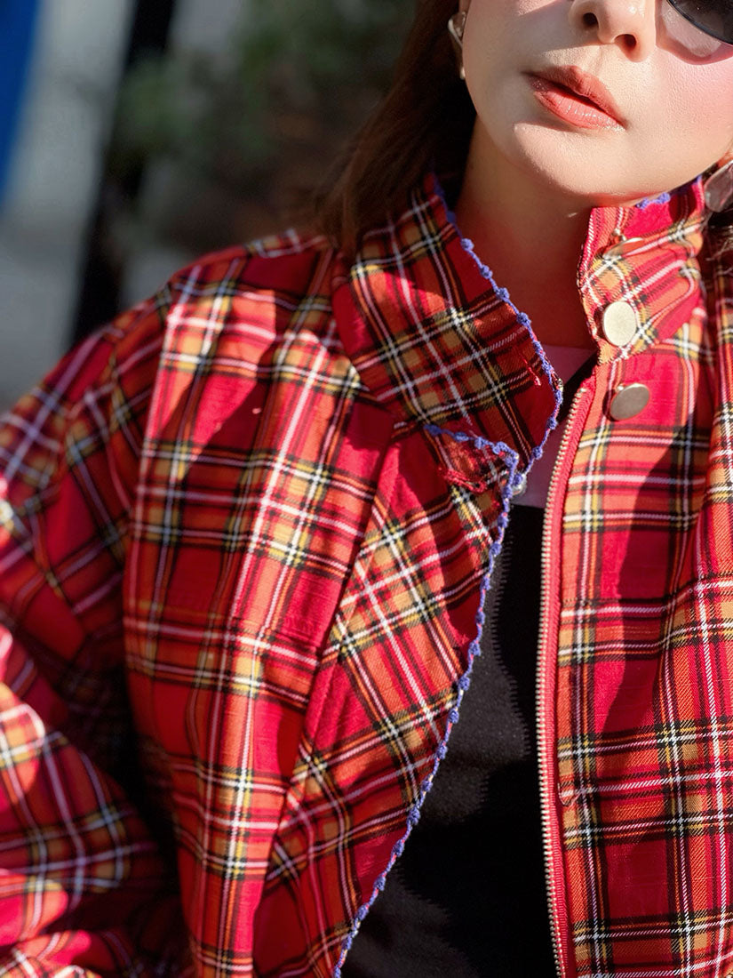Embroidered Trim Plaid Turtle Neck Cargo Jacket (2 Colours)