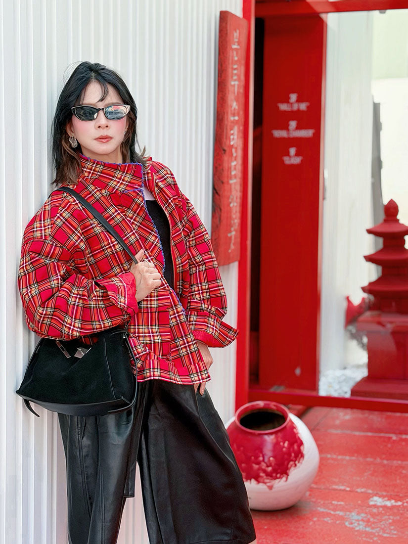 Embroidered Trim Plaid Turtle Neck Cargo Jacket (2 Colours)