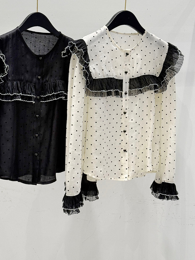 Heart Polka Dots Ruffle Blouse (2 Colours)