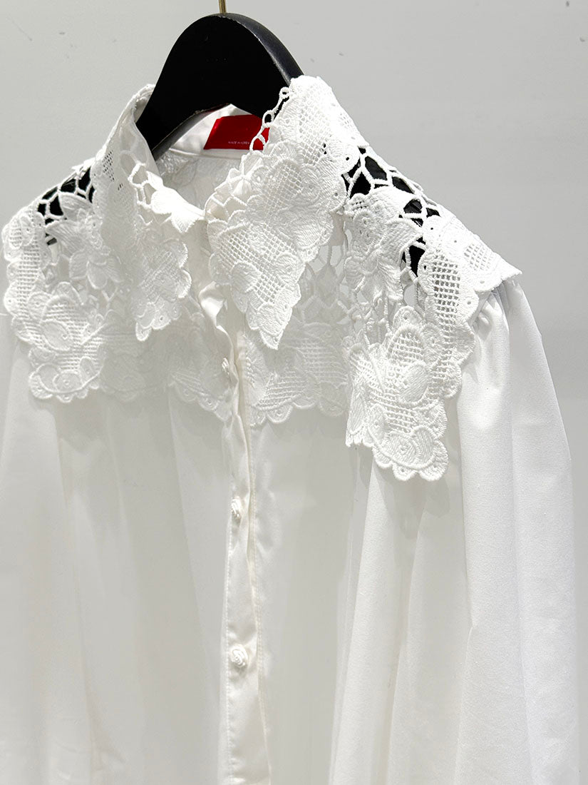 Lace Collar Yoke Denim Look Shirt (2 Colours)