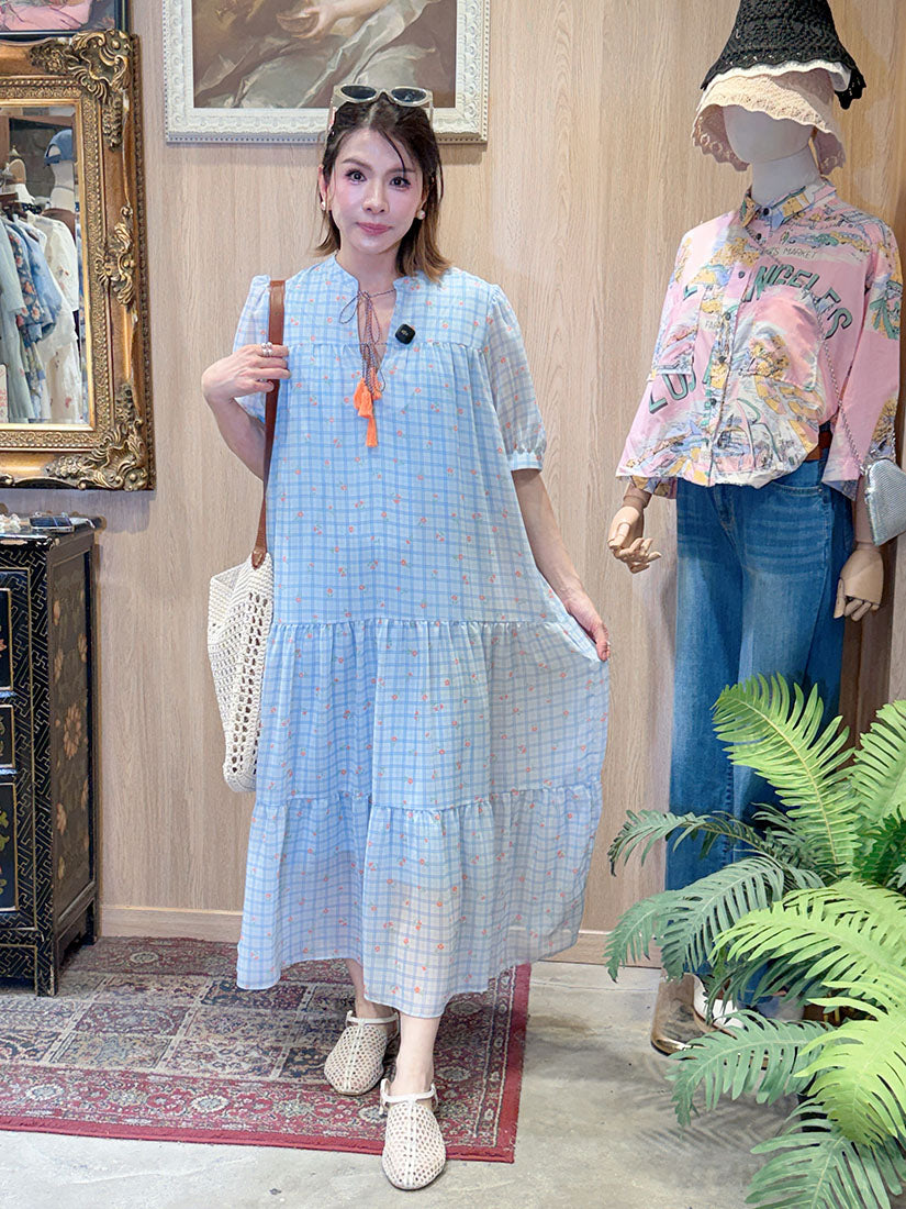 Floral On Check Printed Tiered Dress(2 Colours)