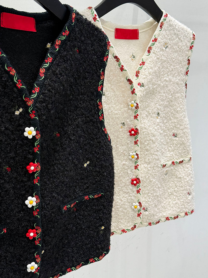 Floral Shearling Trim Vest with Floral button (2 Colours)