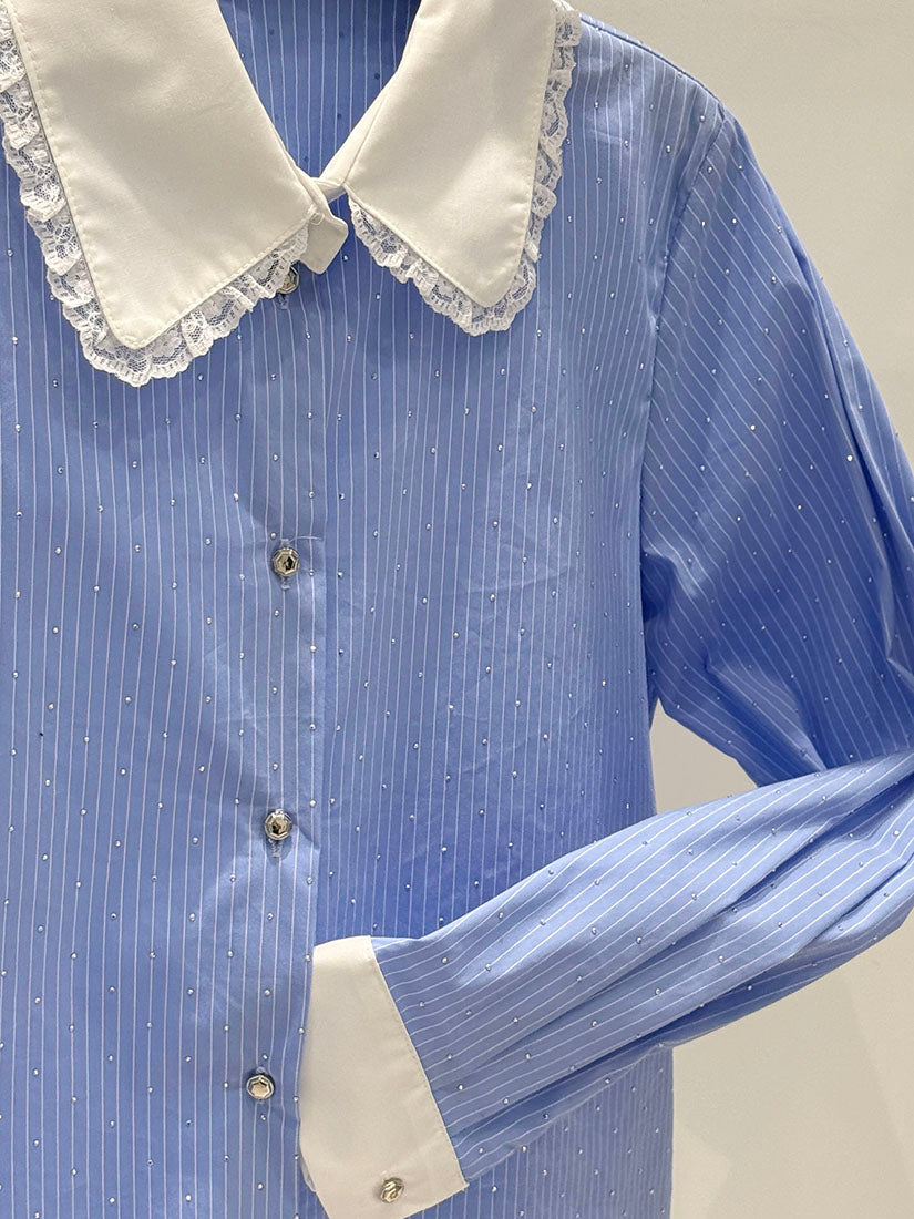 Ruffle Collar Stripe with Silver Dimond Blue Shirt