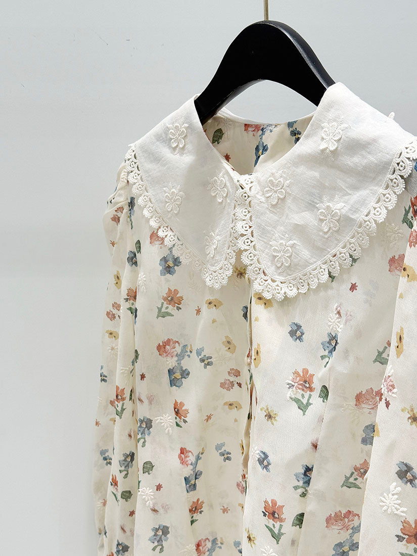 Vintage Blossom Lace Collar Blouse