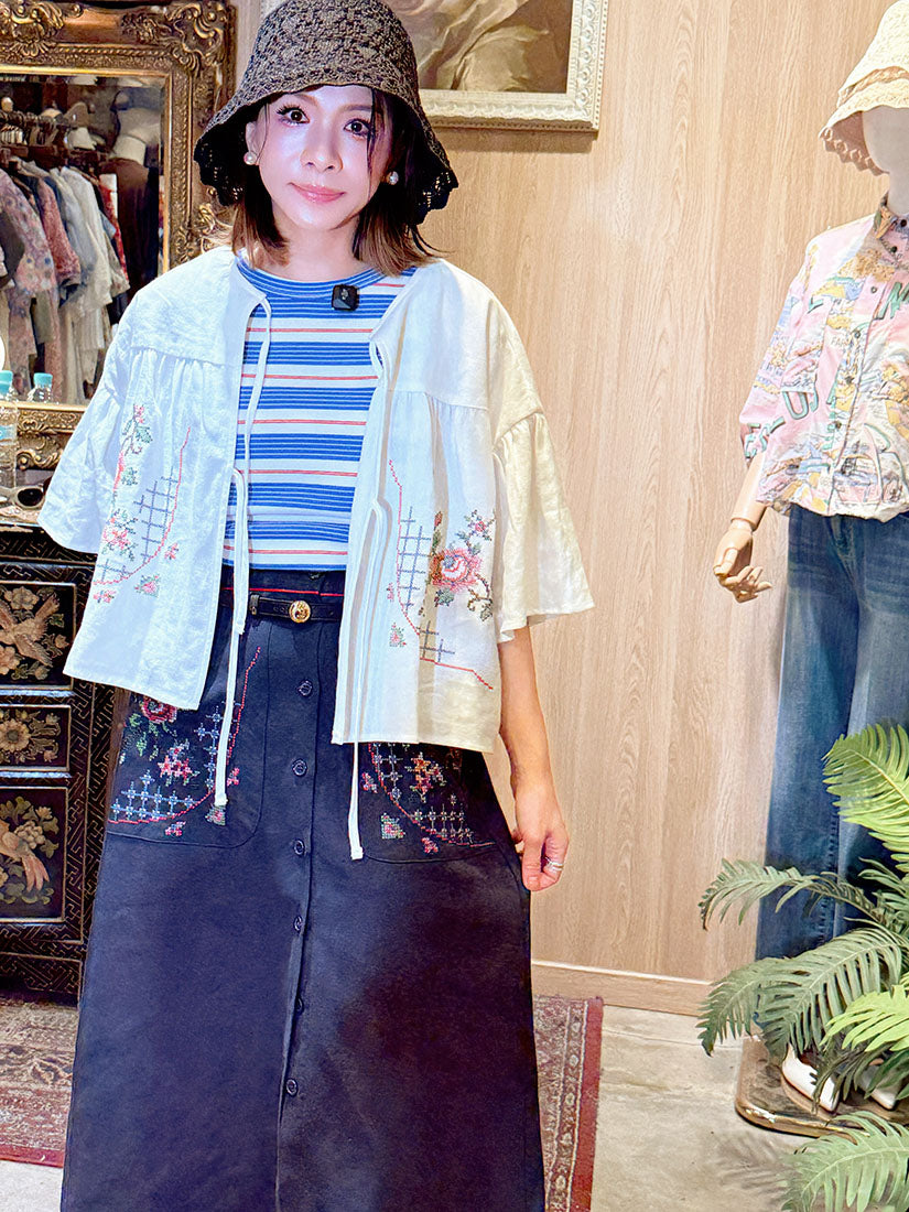 Cross Stitch Embroidered Tie Front Jacket(3 Colours)