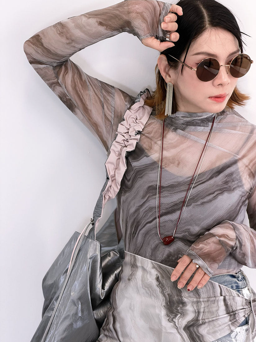 Mable Printed Mesh Top With Scarf (3 Colours)