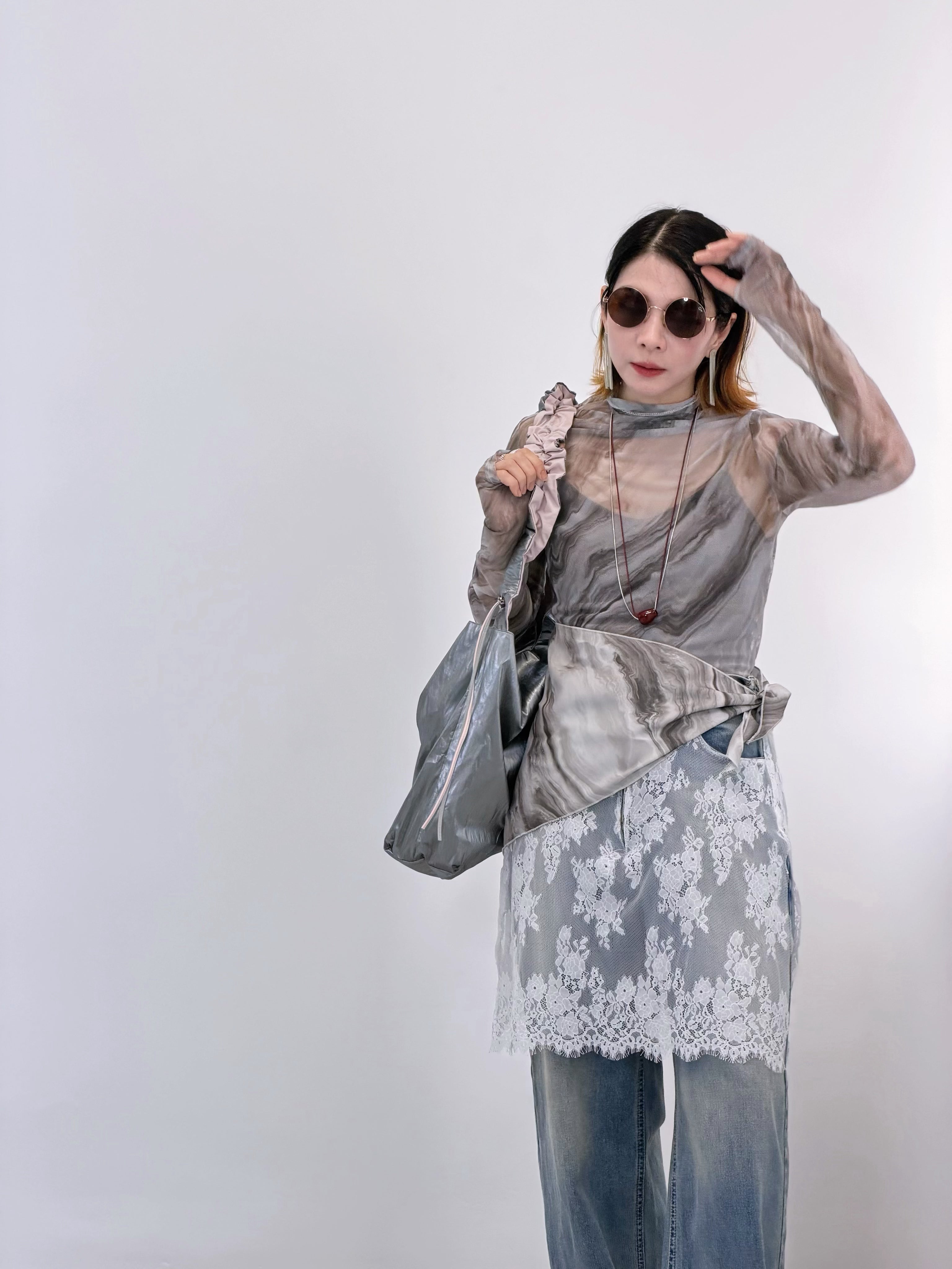 Mable Printed Mesh Top With Scarf (3 Colours)