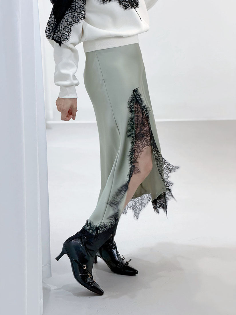 Asymmetric Lace Hem Slit Skirt (2 Colours)