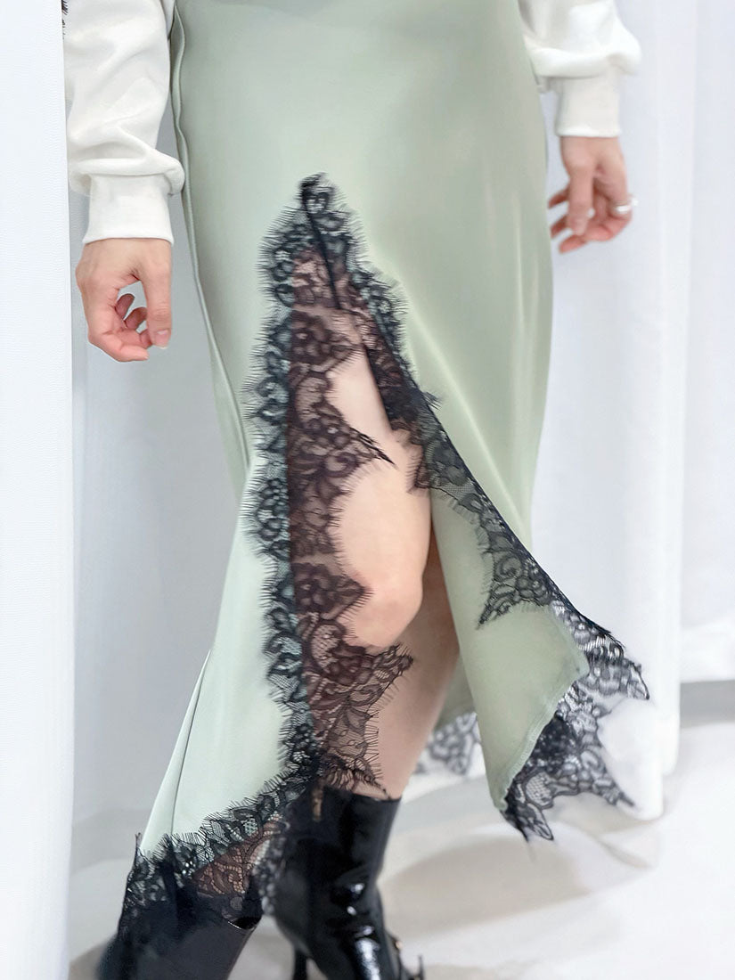 Asymmetric Lace Hem Slit Skirt (2 Colours)