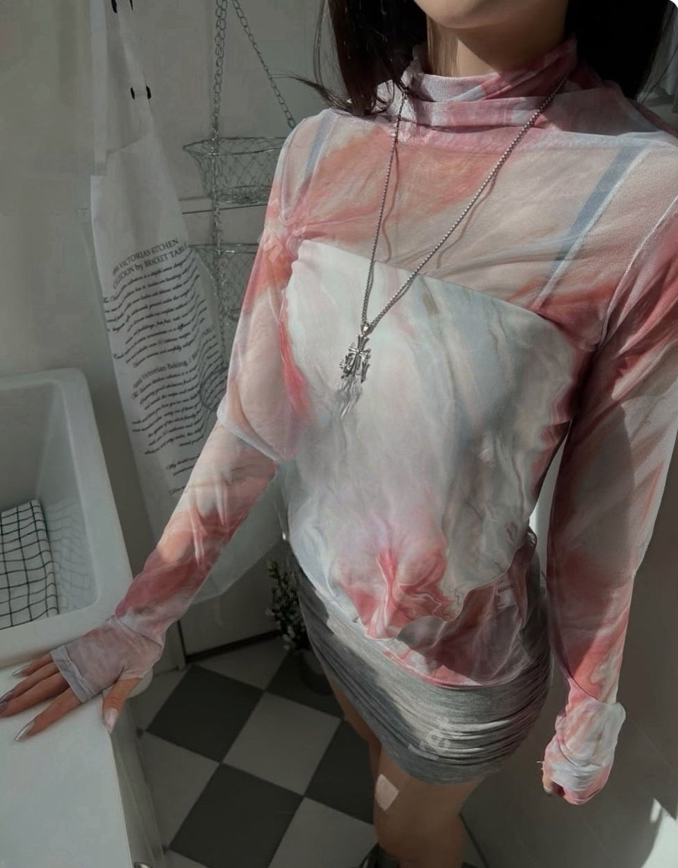 Mable Printed Mesh Top With Scarf (3 Colours)