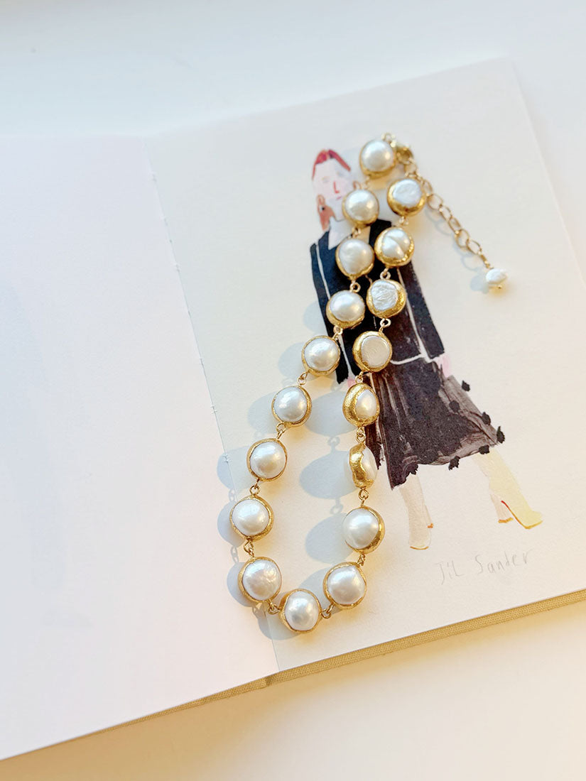 Golden Rimmed Coin Pearl Necklace