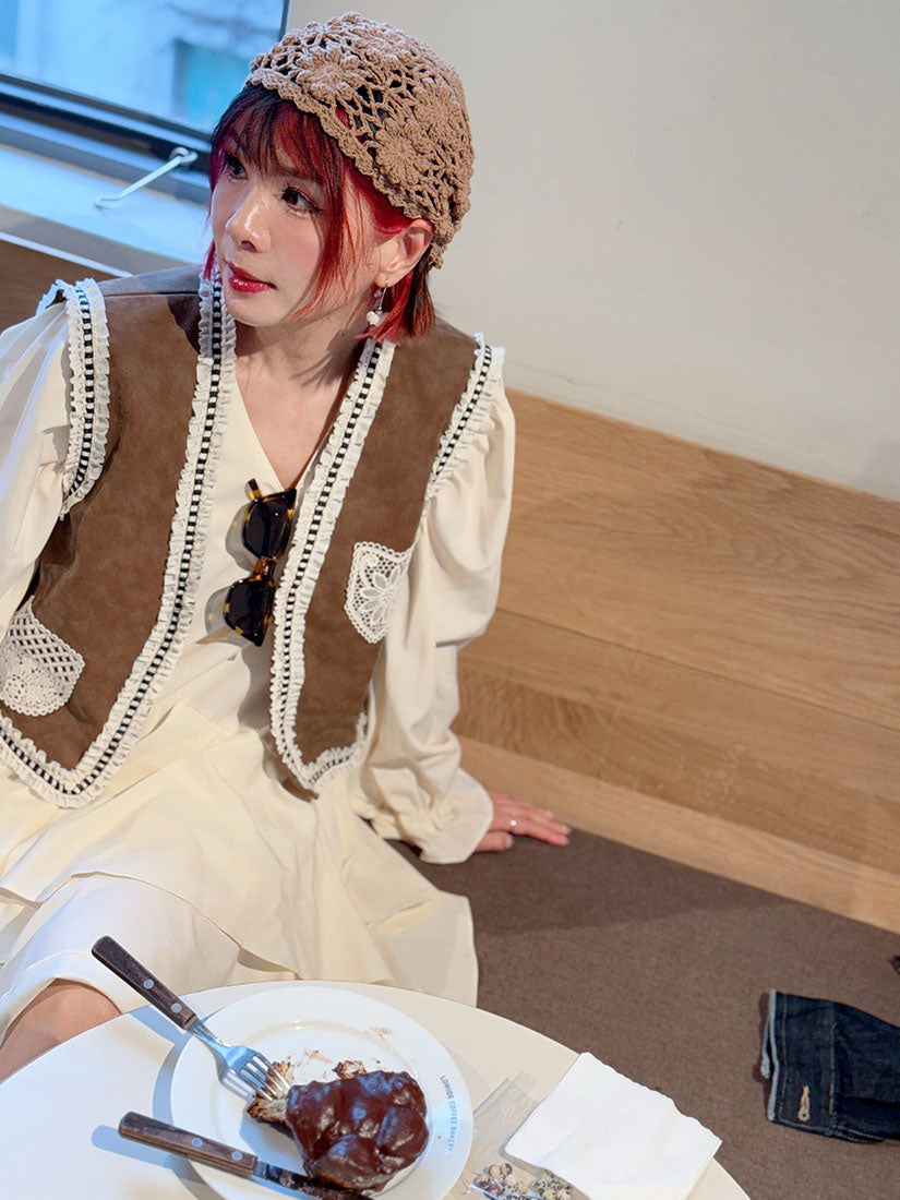 Lace Pocket Patched Suede Vest