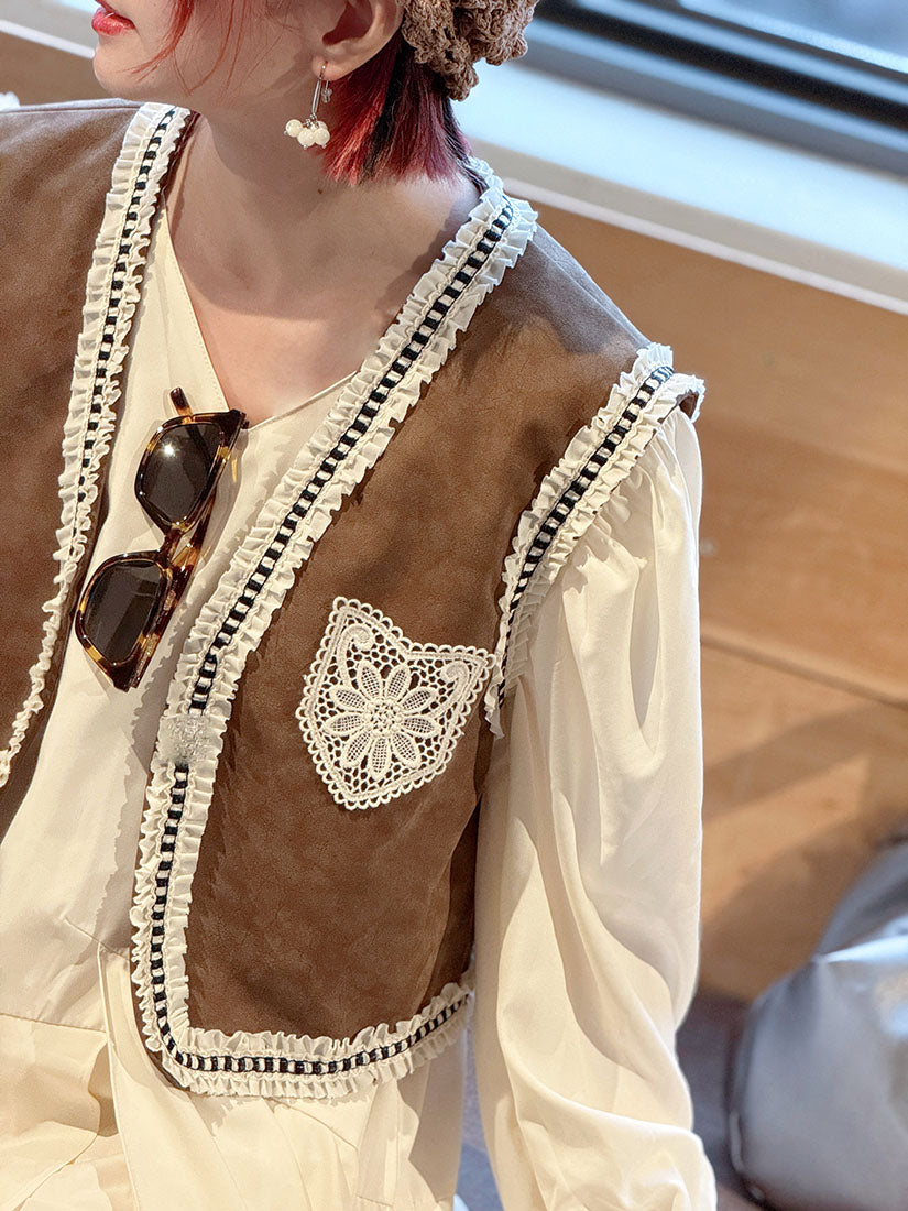 Lace Pocket Patched Suede Vest